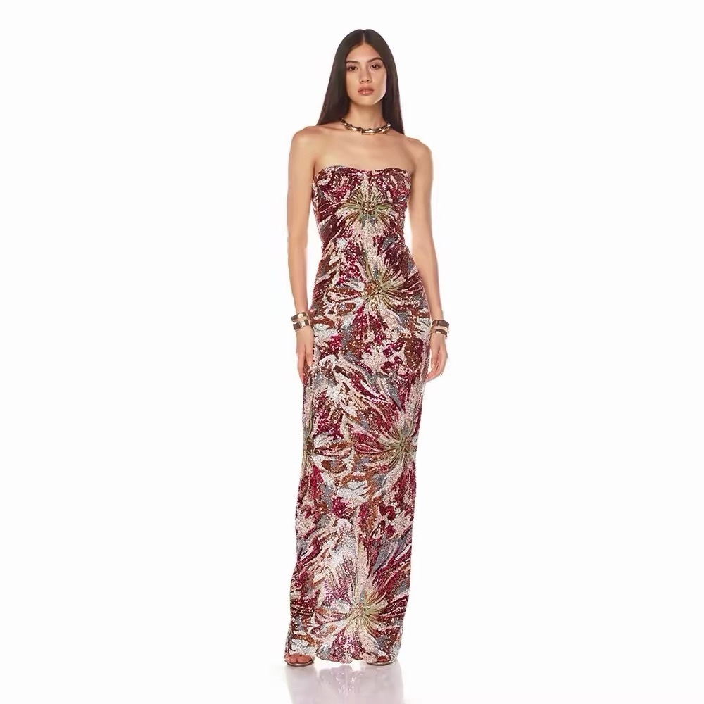 Bronx and Banco Strapless Sequin Floral Gown in Burgundy- NWOT
